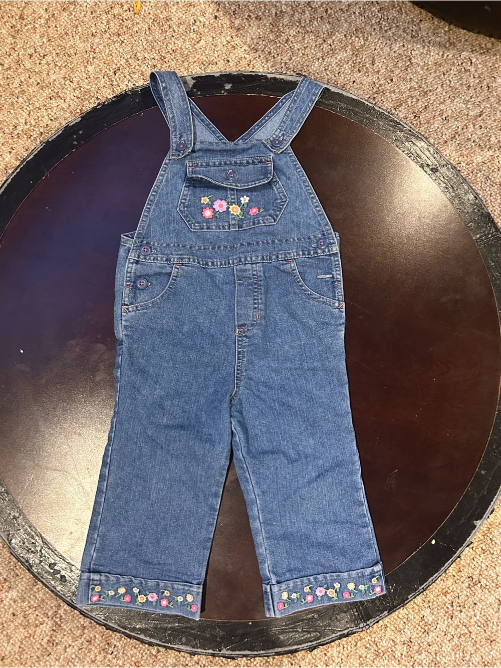 Old Navy Blue Denim Floral Embroidered Kids Overalls 2004 Y2K